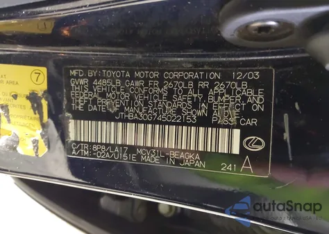 2004 Lexus Es 330 z USA, uszkodzony, nr VIN JTHBA30G745022153